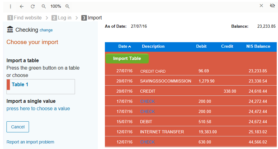 Import a Table in Geltbox