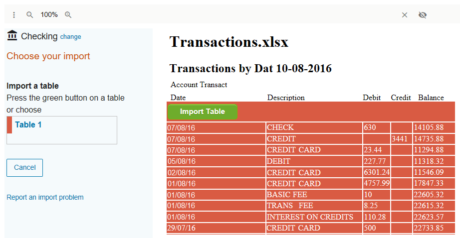 Import a Table in Geltbox